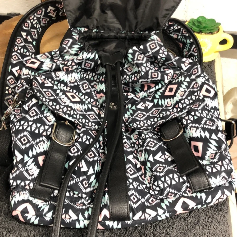 Large‎ backpack purse Aztec print teal blush and black drawstring closure